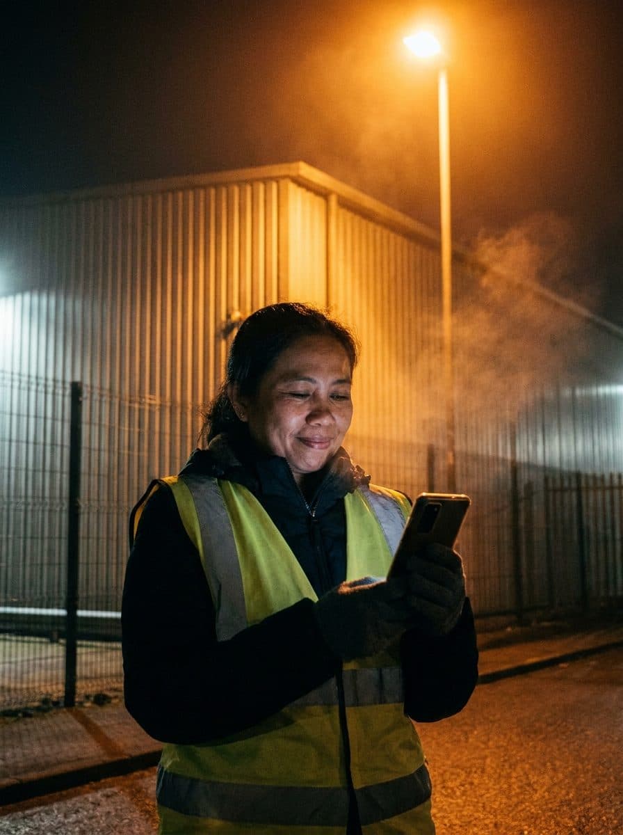 A woman in a high-visibility vest checking her phone under a street lamp during a night shift