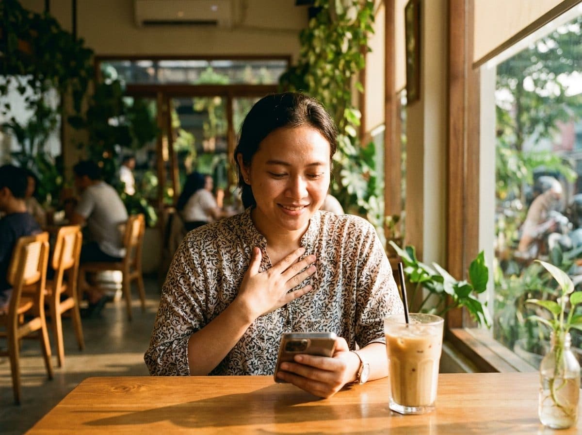 Dewi smiling with relief at her phone in a cafe in Jakarta, hand on her heart