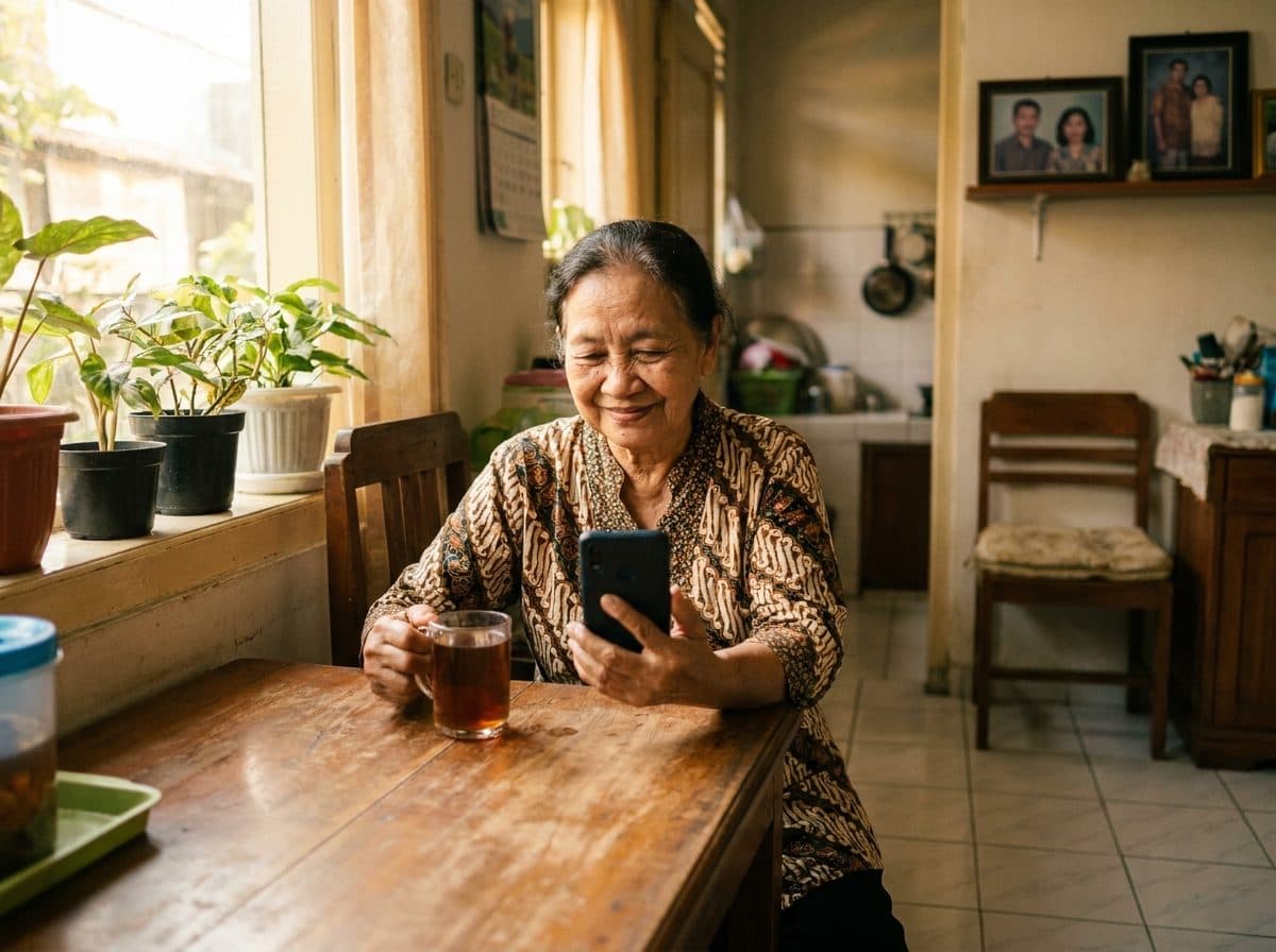 Sari checking in on her phone at her kitchen table in Yogyakarta